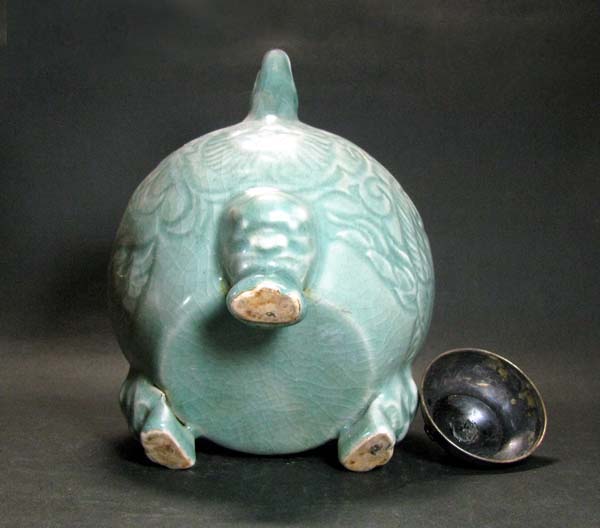 ◇*中国*青磁/陽刻鳳凰文・三つ脚香爐・蓋に翡翠/補修/時代箱