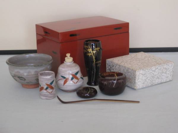 漆器「根来塗 利休茶箱揃」茶箱9点セット 金竹林蒔絵×3茶道具