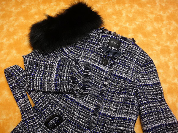 ★120627【ボッシュ】ブルーフォックスファー付ツイードコート38