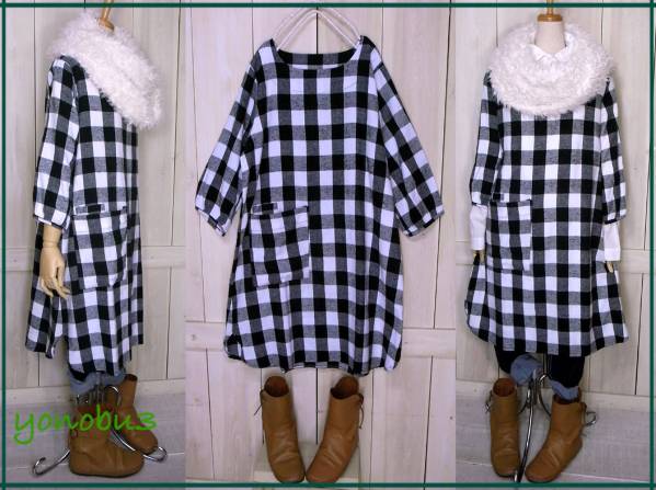 ネルチェック*Wポケットチュニックワンピース*白黒5084M～LL
