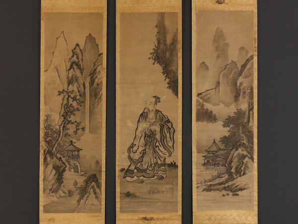 【伝来】z5900〈狩野常信〉三幅対 人物と山水 伊川院極箱