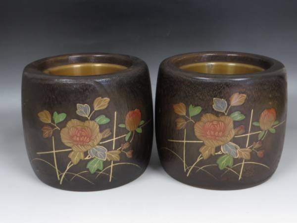 ☆桐火鉢 一対 蒔絵蝶草図 手焙 古民具 時代物☆ 骨董品 【公式通販】
