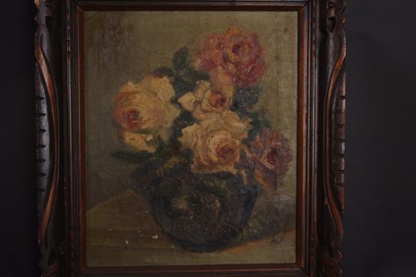 油彩画 油彩 静物画 薔薇図 バラ 在銘 油絵 バラの花 F8号