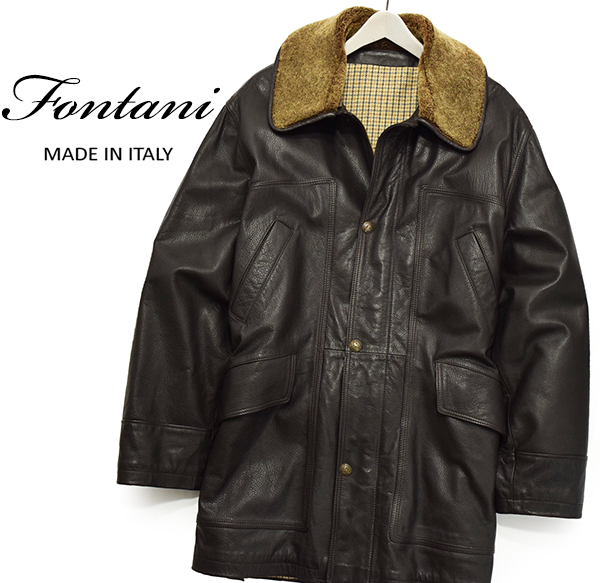 イタリア製 Fontani 牛革 襟ムートンボア 高級レザーコート/茶 コート