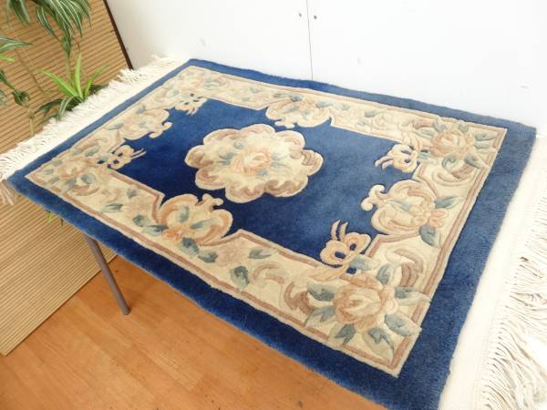 天然　羊毛100% 中国段通 緞通　約143cm×69cm 中古品　玄関マット ☆肉厚/中国緞通/段通/玄関マット/絨毯/ウール製/中古品☆ 中国段通