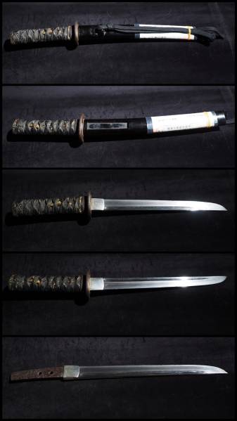 ◆在銘の古短刀　豊□国吉　外装付　平造り　樋有　◆