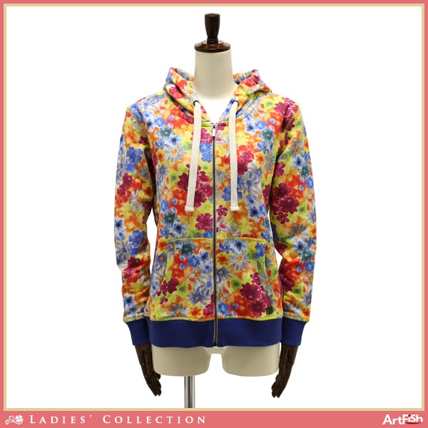 1円IMPERFECT[伊]フラワープリントZIPパーカーw545*XS新品