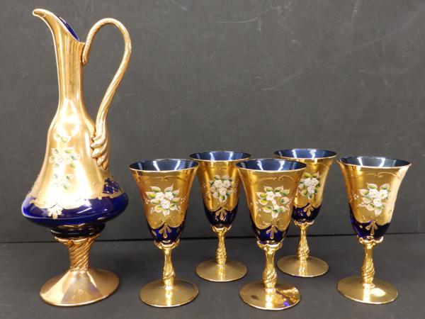 ベネチアングラス 青/金 水差し 5客セット まとめ 管TYK03122JG