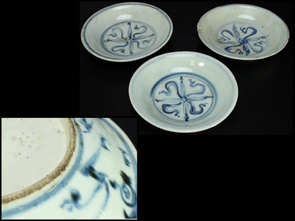 中国美術青花明時代皿三客旧家蔵出(S296)