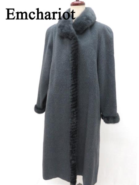 美品◎前立・袖ミンク アルパカ・シルク 超ロングコート 灰 M