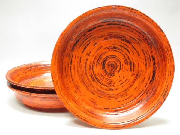 t605168 根来塗 木製 大平鉢 3客 漆器 深皿 盛鉢 一尺 時代物ⅲ