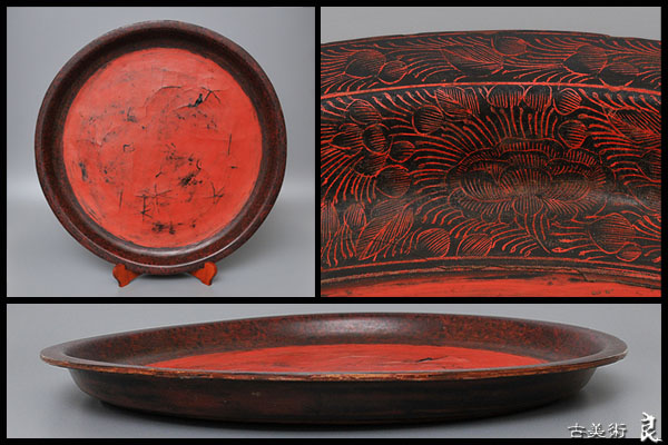 ▽良▽李朝時代朱地羽漆絵丸盆　中国古玩