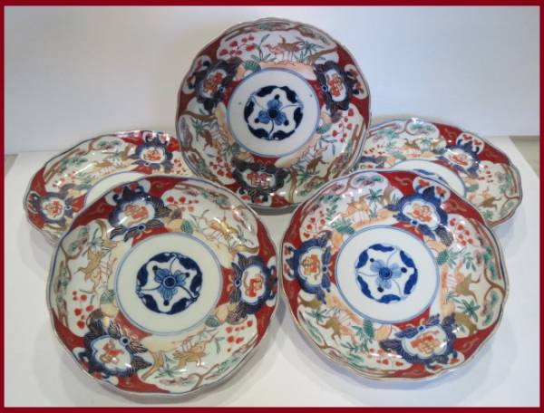 古伊万里　色絵　赤絵　輪花縁7寸皿　5客無傷　幕末～明治　◆