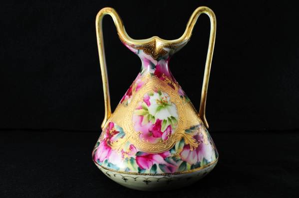 新品，SALE オールドニッポン (ノリタケ)花柄金彩手彩色 両耳花瓶 ピンク