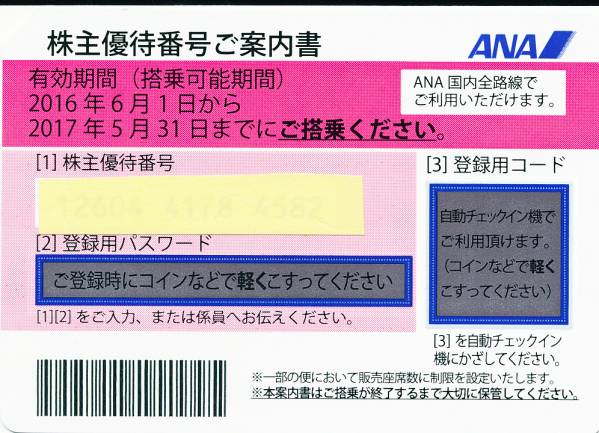 ANA株主優待券　新品　有効期限2017年5月31日　送料込