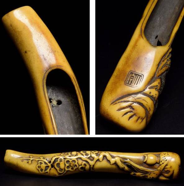 時代提げ物　玉石細工花鳥図　印籠　薬入　根付　緒締め玉　Z　8577 在銘鹿角彫梅花文煙管筒】 提物印籠根付緒締玉煙草入 在銘鹿角彫梅花文
