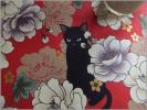 mets★5m*和モダン*黒猫×花柄*ねこネコ*red*コットン生地11F