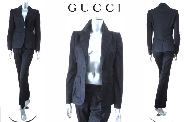 G13♪ITALY製！GUCCIグッチの黒ストライプ パンツスーツ42