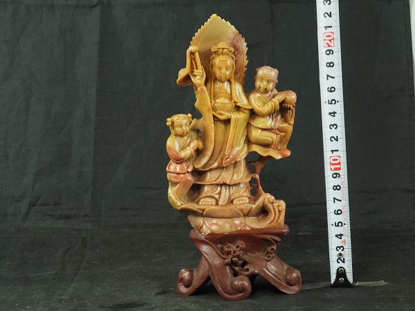 中国美術 寿山石彫刻 聖観音菩薩唐子像 本物保証 彫刻、オブジェ 美術