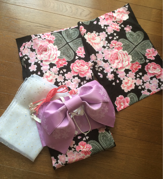 中古 レディース 浴衣 黒地にピンク花柄 帯&帯上げ 帯締めセット
