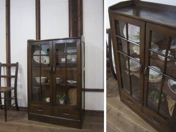 骨董　収納棚(食器棚) 格子扉♪古い洋館 楢材 アンティーク収納棚/ケビント食器棚 本箱