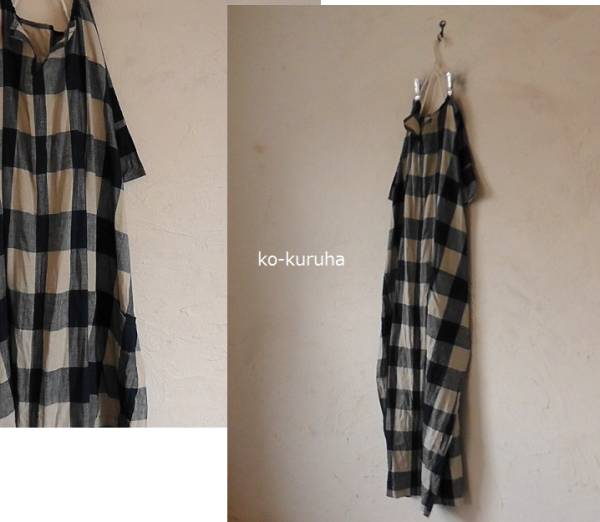 ハンドメイド：：大チェックリネン。オープンフロントネッックOP