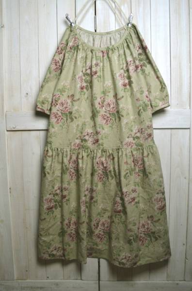 CHハンドメイド♪ローウエストワンピ♪YUWAリネン若草色花柄