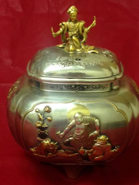 香炉 金工 香炉⁄香器『高岡銅器四君子香炉銀製⁄津雪作』竹中銅器 共箱