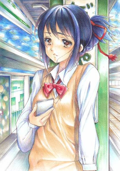 同人手描きイラスト 「君の名は。」宮水三葉 上京（おまけ）A4(手描き
