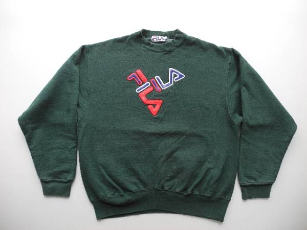 80's 90's■FILAフィラレザー刺繍ロゴスウェット緑(L)古着メンズ