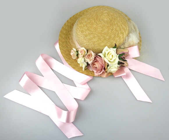 Triple fortune バラコサージュ付きストローハット☆麦わら帽