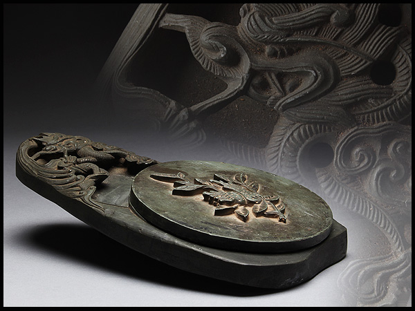 BP088 浮雕佛手柑紋帶盖 鏤空龍紋桃河緑石硯☆朝鮮老硯書道具