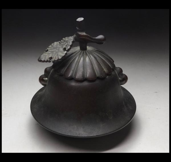 緑屋*南□古銅製 釜型香炉 瓢箪耳 蔕火屋 仏具 仏教 時代物*n 金属工芸