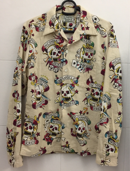 中古メンズWACKO 美品WACKOMARIA スカル総柄シャツ ワコマリア アロハ