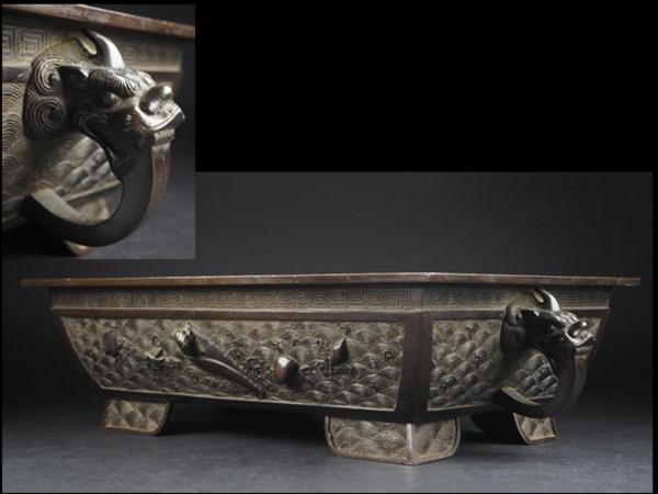 【夢工房】時代唐銅磯尽貝盛上紋獣耳砂鉢箱入（池坊古流）WB81