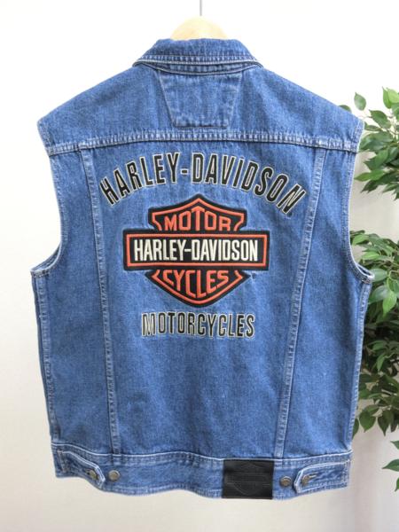美品 HARLEY DAVIDSON ロゴ 刺繍 デニム ベスト ブルー M 青