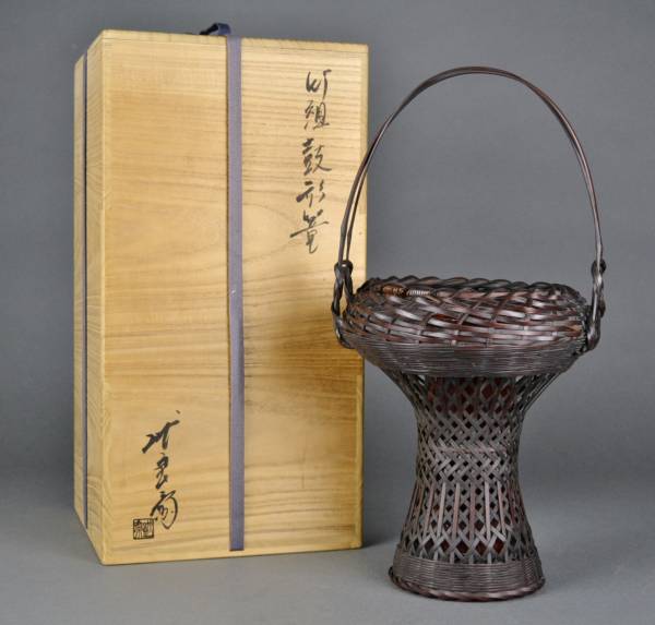 1 竹組篭 茶道具 唐物 篭 籠 掛花入 安藤竹良斎 共箱 安藤竹良斎 唐物