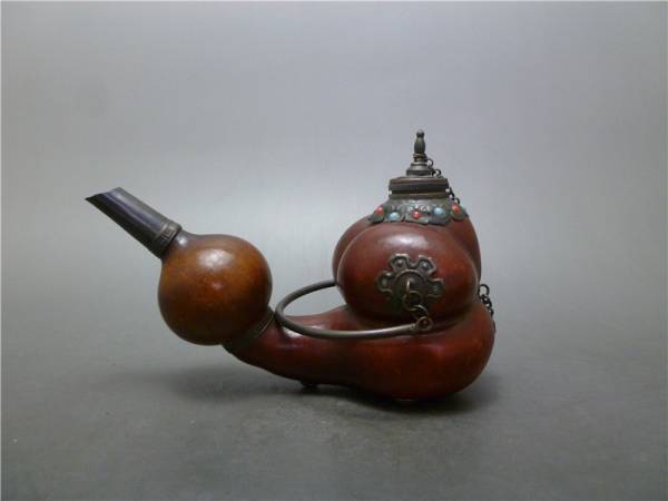 ≡雅蔵≡AC057 天然ひょうたん細工 酒壺 貴石銅飾嵌 中国古玩 枝状珊瑚