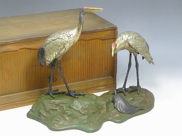 ▲102673▲銅製蓬莱山鶴亀置物/金工彫金寿亀巌上双鶴