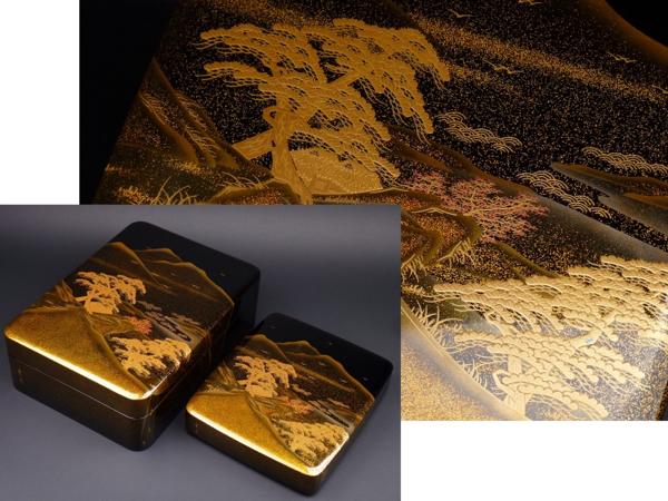 都屋】長井幸夫「輪島塗浜辺山水蒔絵文庫 硯箱」2点 輪島塗伝統工芸師