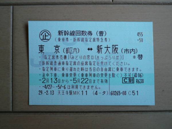新幹線回数券 のぞみ 東京(都区内)～新大阪(大阪市内) 1枚 新幹線