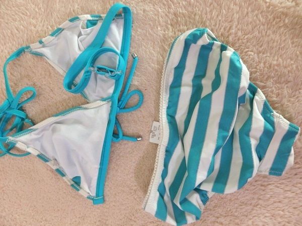 ★白＆青緑ボーダー柄なローライズ可愛い初音ミクちゃん風ビキニ水着【送料164円】_2