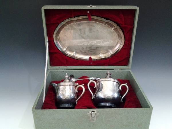 AZCO TOKYO　銀メッキ　ティーセット共箱あり（クリーマー　シュガーポット、スプーン、トレー）昭和レトロ