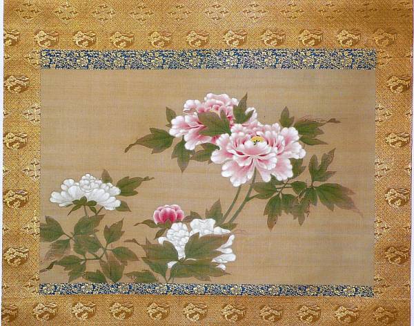 牡丹図　水墨画　肉筆絵画　宋画　模写 掛け軸】 中国絵画 宋元画 「紅白牡丹図」 無落款 北宋・南宋・元代