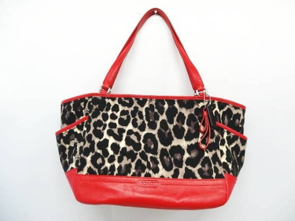 美品 コーチ COACH トートバッグ オセロット キャリーオール レオパード柄 プリント 赤 茶色 黒 F23278 レディース
