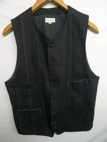 ◆ ポールスミス ハンドステッチ　ワーク デザイン　リネン 麻 ジレベスト　黒　美品 F