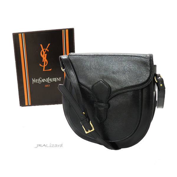 Yves Saint Laurent JRA リザード トカゲ ショルダーバッグ レディース ブラック レザー 箱付き βG