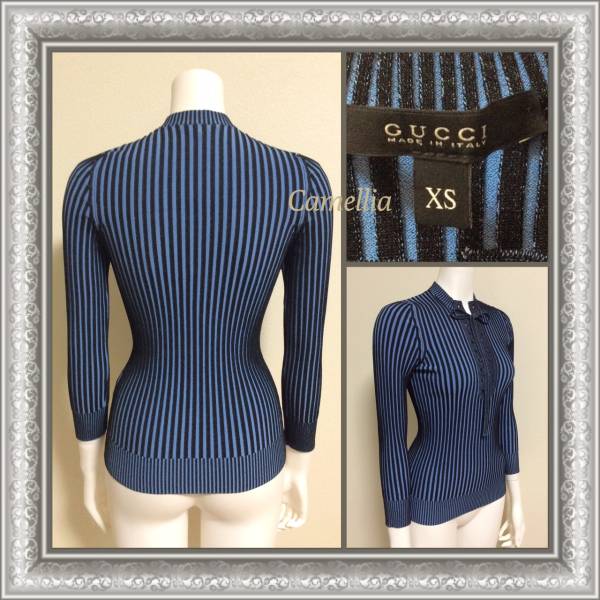 美品 GUCCI グッチ トップス 伸縮性あり 編み上げ ブルー・ 黒 XS