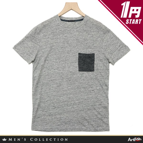 1円theory セオリー【米】杢グレー スラブ混ストレッチ ジャージー 胸ポケット付クルーネック 半袖Tシャツe844*M相当 新品 展示会