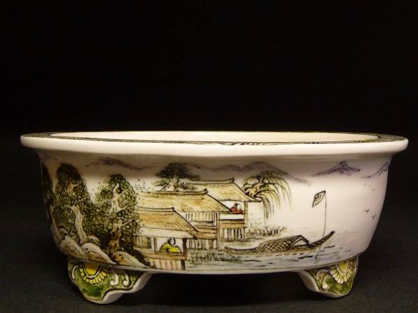 【上州勝山　五彩山水舟図外縁段脚楕円鉢　size 12.2x11.1x4.6cm　未使用品　共布付　Joushuukatuyama Bonsai-hachi】